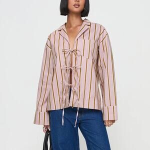 Princess Polly Pink Stripe Tie Front Spiri Long Sleeve Shirt Size XS-Small